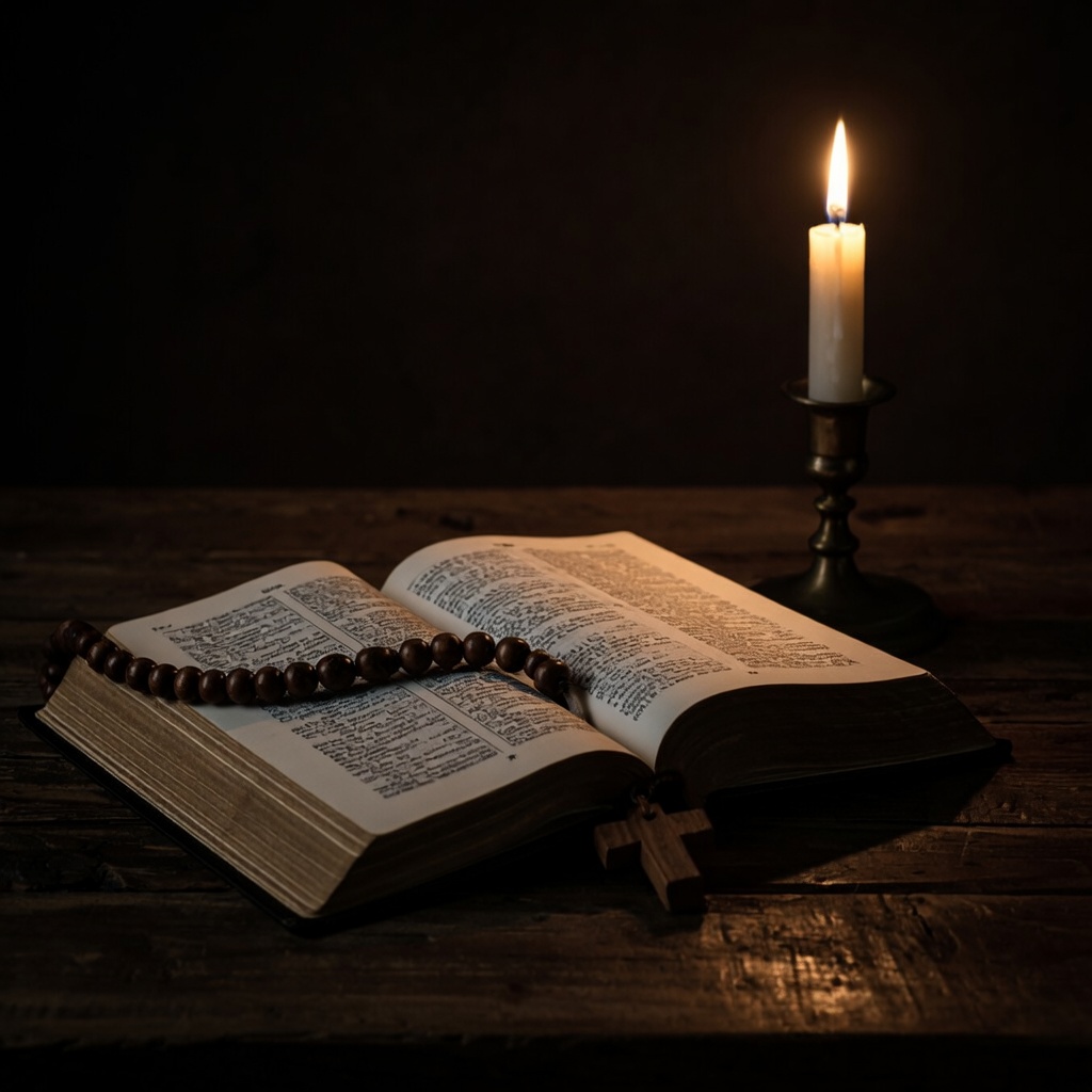 Bible, rosary, and candle on a wooden table
